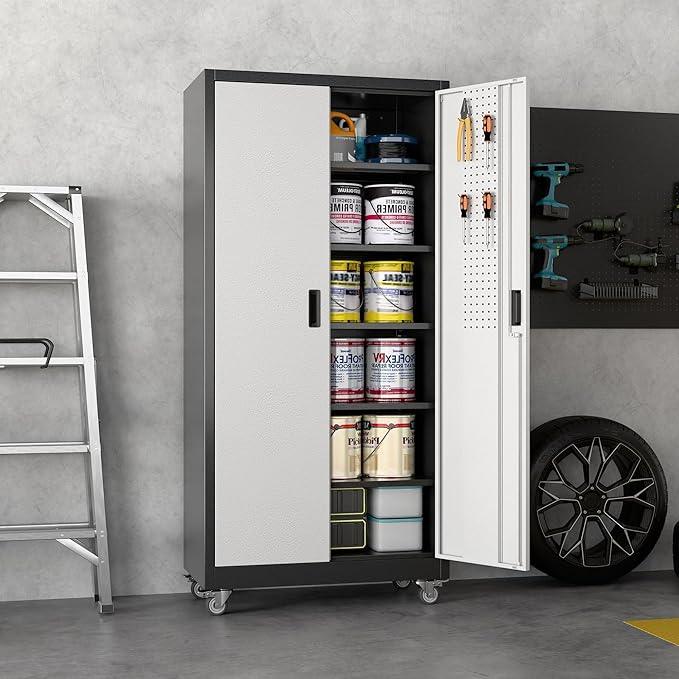 SUXXAN Garage Storage Cabinet with Pegboard and 5 Adjustable Shelves, 71'' x 34'' x 18''Metal Lockable Cabinet with Magnetic Doors,Tool Storage,Home Office Garage,Gym,School (Black-Silver) - NeatNest