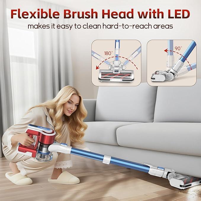 Cordless Vacuum Cleaner for Home, 45Kpa Lightweight Stick Vacuum with Powerful Suction, Rechargeable Battery Up to 50mins, Handheld Vacuum Cleaners for Hardwood Floors, Carpets, Pet Hair - Red - NeatNest