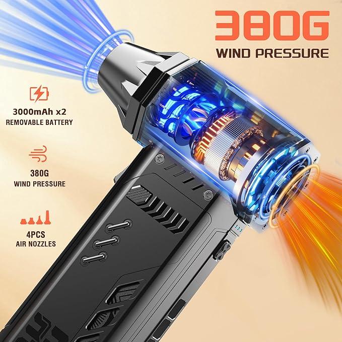 Air Duster -250000RPM- Snow Blower, Replaceable Batteries 2pcs,Long Life-mini Blower, 3-Gear Adjustable- Electeic Air Duster for Keyboard,PCs,Outdoors,Snow,Leaves,Car Cleaning (2*Batteries) - NeatNest