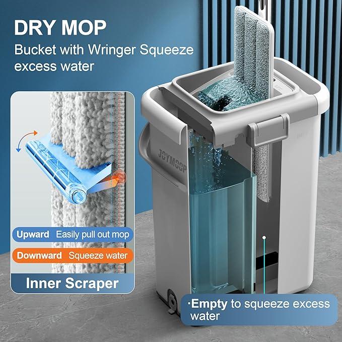 JOYMOOP Mop and Bucket with Wringer Set for Floor Cleaning and Wall Cleaner, Flat Mop and Bucket System Set with 2 Mops and 8 Large Microfiber Pads - White - NeatNest