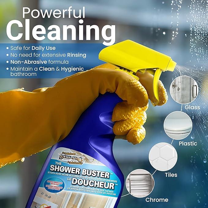 Shower Glass Door Cleaner – Shower Buster Spray for Soap Scum & Hard Water Stains – No Scrub Bathroom Cleaner for Glass, Tile, Chrome, Ceramic, RV and Septic Safe (500ml / 16.9oz) - NeatNest
