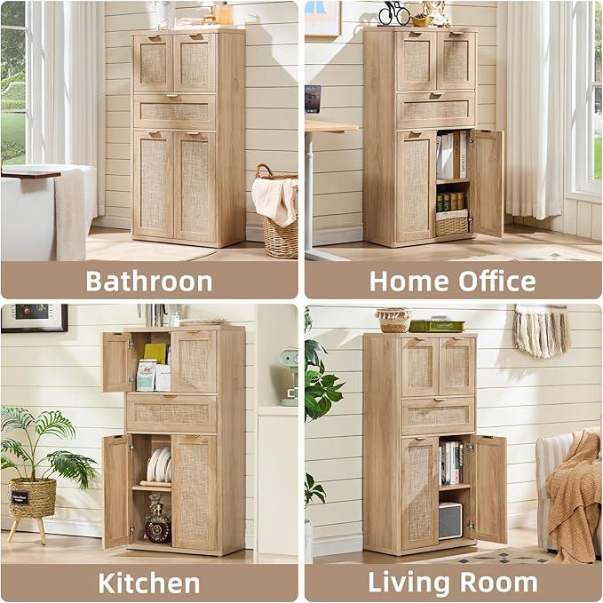 LEYAOYAO 48" Tall Storage Cabinet,Rattan Bathroom Floor Cabinets with 4 Doors & 1Drawer,Boho Kitchen Pantry with Adjustable Shelves,Wooden Cupboard for Living Room,Home Office,Dining,Natural Wood - NeatNest