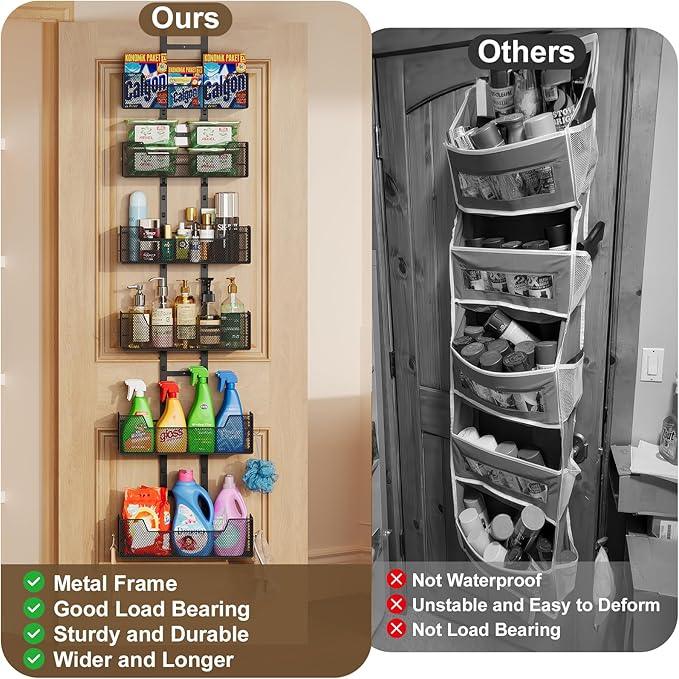 Over The Door Organizer, Metal Hanging Door Organizer with 6 Adjustable Baskets and 5 Hooks, Behind The Door Storage for Closet Cabinet Kitchen Bathroom Bedroom Pantry Organizer, Black - NeatNest