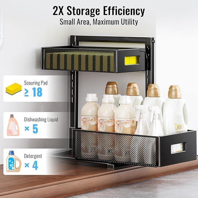 2 Pack Under Sink Organizer and Storage, Metal Under Kitchen Sink Organizer, Slide Out Bathroom Organizers and Storage, Undersink Organizers for Kitchen Bathroom Cabinet - NeatNest