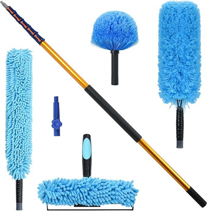 30 FT High Reach Cleaning Kit with 7-30 Foot Telescoping Extension Pole, Flexible Ceiling Fan Duster, Microfiber Feather Duster, Cobweb Duster & Window Squeegee & Washer - NeatNest