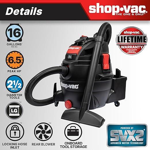 Shop-Vac 5801611 Wet Dry Vac with SVX2 Motor Technology, 16 Gallon, 2-1/2 Inch x 8 Foot Lock-On Hose, 150 CFM, (1-Pack) , Black - NeatNest