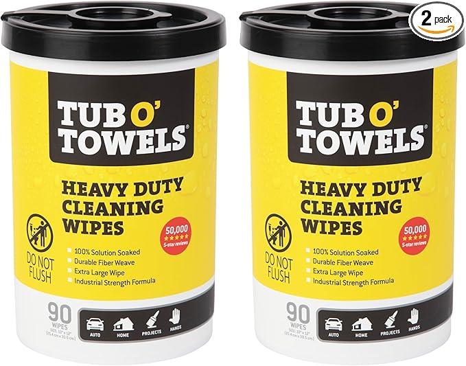 Tub O' Towels Heavy-Duty Multi-Surface Cleaning Wipes, 10" x 12", 90 Count Canister, Removes Grease, Grime, Tough Stains, Durable Disposable Wipes for Home, Garage, Outdoor Cleaning Tasks, 2-Pack - NeatNest