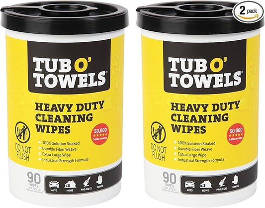 Tub O' Towels Heavy-Duty Multi-Surface Cleaning Wipes, 10" x 12", 90 Count Canister, Removes Grease, Grime, Tough Stains, Durable Disposable Wipes for Home, Garage, Outdoor Cleaning Tasks, 2-Pack - NeatNest