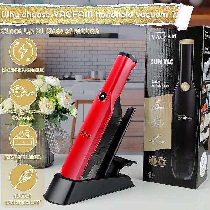 Handheld Vacuum Cordless,15KPA High Power Suction,USB Quick Charge,Car Vacuum Cleaner with Storage Dock,Lightweight Rechargeable Dust Buster with Crevice Tool Pet Brush Hand Vac for Home,Red - NeatNest