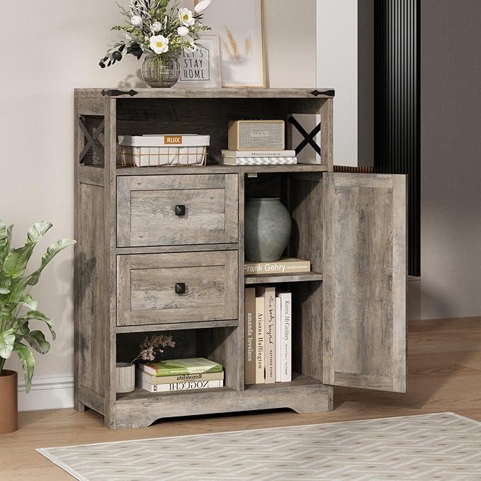 Fameill Farmhouse Storage Cabinet with 2 Drawers & Shelves,Freestanding Kitchen Cabinet with Doors,Floor Storage Organization for Living Room,Bathroom,Laundry,Grey - NeatNest