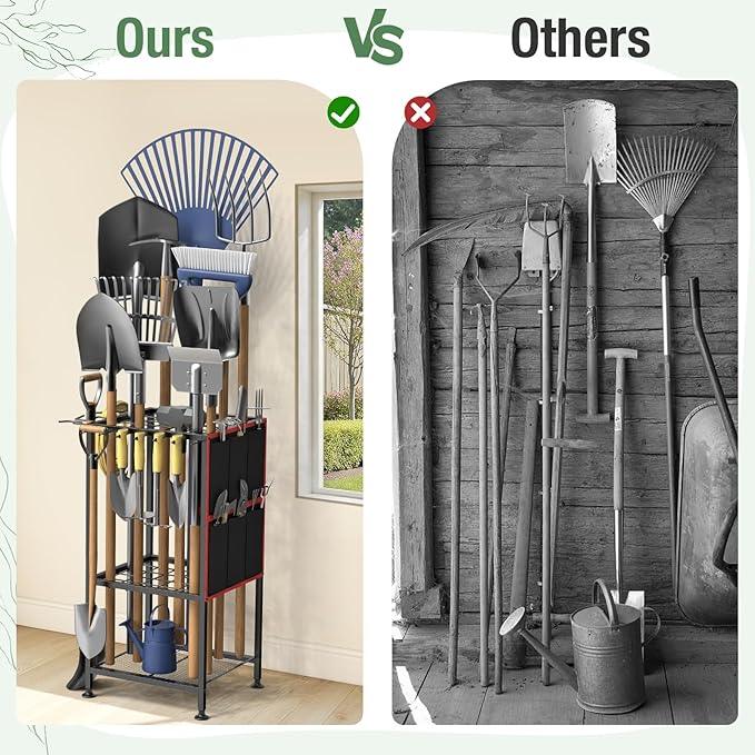 Garden Tool Organizer,Metal Yard Tool Organizer,Holds 50 Long-Handled Tools/Rakes/Brooms,Side Garden Pocket,Heavy Duty Steel Yard Tool Storage Rack for Garage,Shed, Outdoor - NeatNest