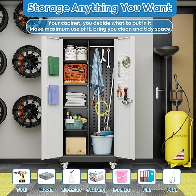 SUXXAN Broom Closet Storage Cabinet with Wheels 71.4"x 31.5"x15.7", Metal Cleaning Cabinets with Hooks and Hanging Rods, Lockable Cabinet with Pegboard, Adjustable Shelf(Black/White) - NeatNest