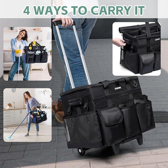 Large Rolling Cleaning Caddy Bag with Wheels, with Detachable Trolley, Cleaning Bags on Wheels for Housekeepers, Cleaning Cart Supplies Organizer for Home, Car, Picnic (Black) - NeatNest