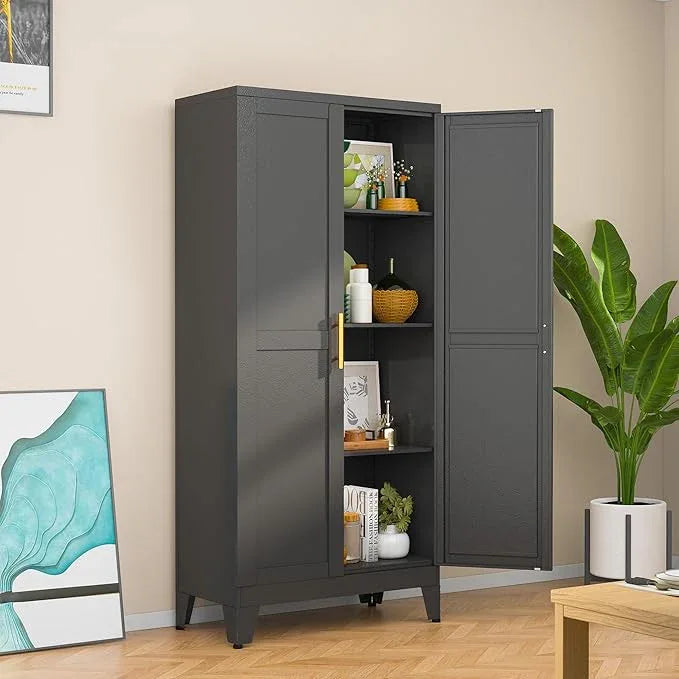 Black Metal Storage Cabinet, 48" Steel Cabinets for Home Office, Kitchen Pantry Storage Cabinet with Doors and 3 Adjustable Shelves, for Office, Home, Garage, School - NeatNest