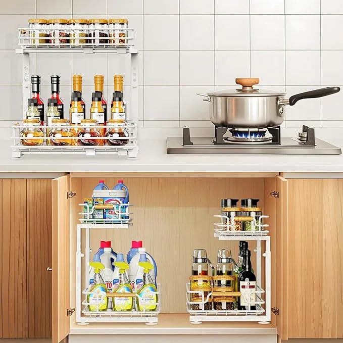 JYPS 2 Pack Under Sink Organizer, 2 Tier Pull out Under Kitchen Bathroom Sink Organizer and Storage, Metal Sliding Drawer for Cabinet Pantry Undersink Organizers Shelf - NeatNest