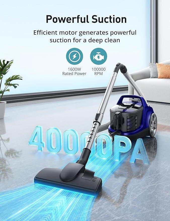 Aspiron Canister Vacuum, Upgraded 1600W Bagless Canister Vacuum Cleaner, Auto Cord Rewind, H13 HEPA Filter, 4Qt Large Capacity, 5 Tools for Hard Floors, Carpet, Pet, Upholstery, Tiles, Indigo - NeatNest
