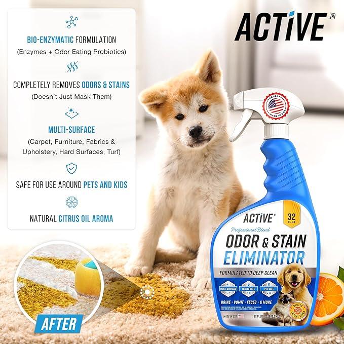 Pet Odor and Stain Eliminator - 32 oz ACTIVE Enzyme Cleaner for Dog & Cat Urine, Stain Remover Spray for Carpet, Upholstery, Hardwood, Spot Cleaning, Deodorizer for Dogs Cats Pets - Natural Citrus Oil - NeatNest