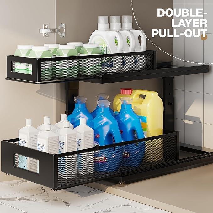 2 Pack 18.5IN-Depth Under Sink Organizer With Next-Gen Ball-Bearing Slides,2-Tier Pull Out Cabinet Storage,Height Adjustable Drawer Shelf for Bathroom,Kitchen,Laundry,Cabinet,Pantry-Black - NeatNest