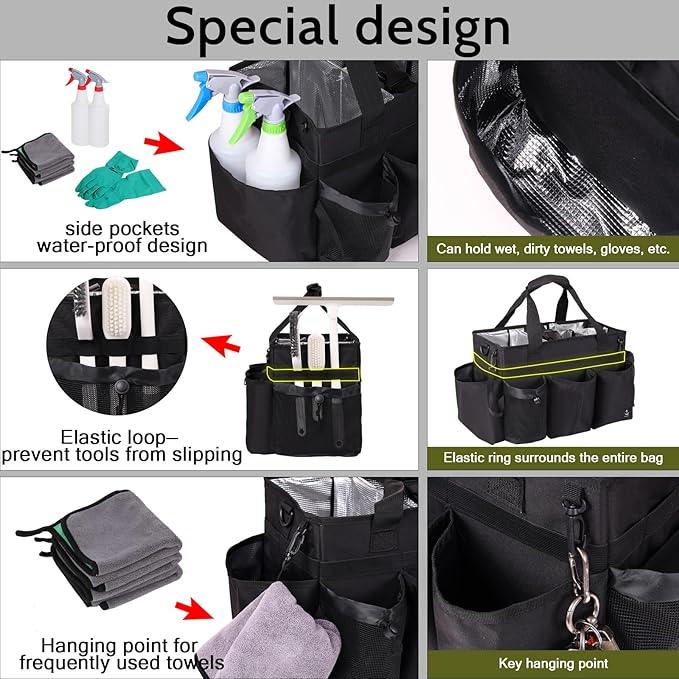 Large Wearable Cleaning Caddy Bag with Detachable Divider, Cleaning Organizer with Handles, Cleaning Supply Tote with Adjustable Shoulder Strap&Waist Belt for Cleaners & Housekeeper (Black) - NeatNest