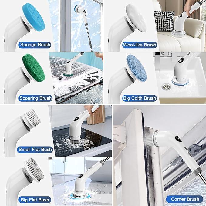 Qimedo Handheld Spin Scrubber with Extended Long Handle, Rechargeable Electric Scrubber for Cleaning, Cordless Power Dish Scrubber with 6 Brushes for Bathtub Grout Tile Floor - NeatNest