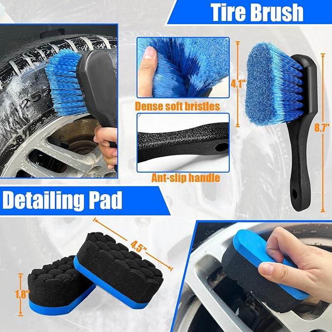 Wheel Brush Kit,Soft Drill Wheel Cleaner Brush, No Scratches Highly Dense Car Cleaning Brush Set for Wheels, Tire, Rims, Engines, Exhaust(Blue + White 3 Pk) - NeatNest