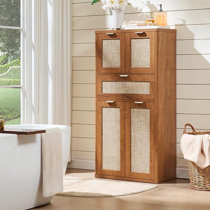 LEYAOYAO 48" Tall Storage Cabinet Set of 2,Rattan Bathroom Floor Cabinets with 4 Doors & 1Drawer,Boho Kitchen Pantry with Adjustable Shelves,Wooden Cupboard for Living Room,Home Office,Brown - NeatNest