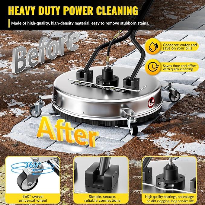 24'' Pressure Washer Surface Cleaner,4500PSI Power Washer Surface Cleaner Attachment with Wheels,Dual Handle,Stainless Steel Housing, 3/8''Quick-Connect for Driveway Sidewalk Curb Deck Patio Cleaning - NeatNest