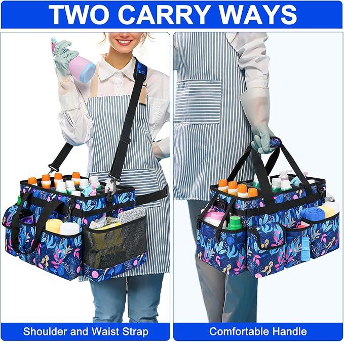 Cleaning Organizer, Large Caddy Bag for Supplies, Housekeeper's Bag with Handle (Blue Leaf) - NeatNest