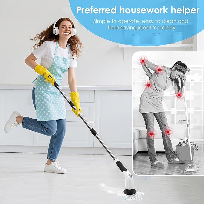 Electric Spin Scrubber, Cordless Cleaning Brush with 180 Min Runtime, 3-Speed, 7 Replaceable Brush Heads & Long Detachable Handle, LCD Display (RPM/Torque/Battery), for Bathroom, Kitchen, Tile - NeatNest
