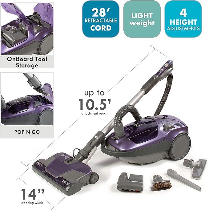 Kenmore 81614 600 Series Pet Friendly Lightweight Bagged Canister Vacuum with Pet PowerMate, Pop-N-Go Brush, 2 Motors, HEPA, Aluminum Telescoping Wand, Retractable Cord, and 3 Cleaning Tools-Purple - NeatNest