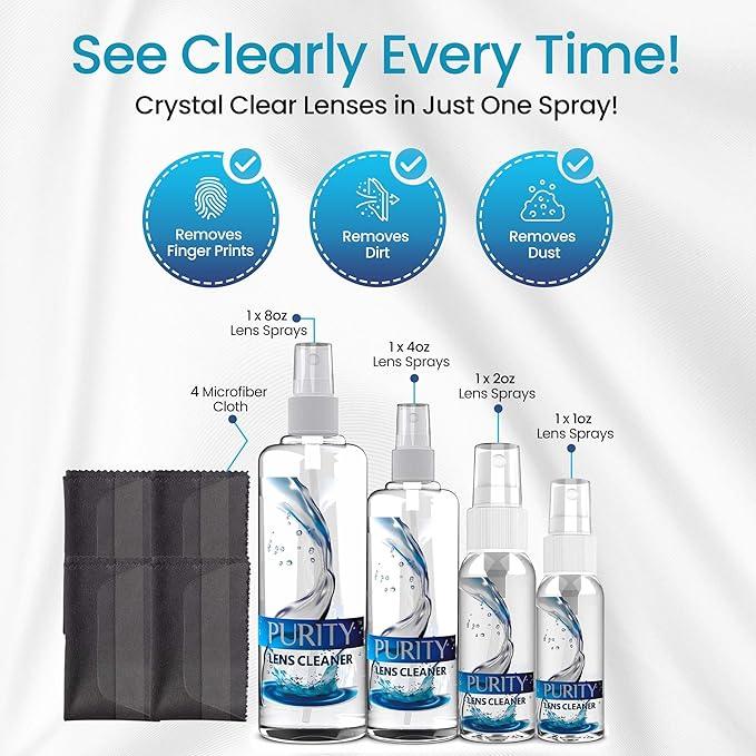 Purity Eyeglass Cleaner Family Pack - Multi-Size Lens Cleaner Kit - 1x1oz, 1x2oz, 1x4oz, 1x8oz Bottles + 4 Premium Microfiber Cloths - Safe for All Lenses, Eyeglasses, & Screens - Streak-Free Formula - NeatNest