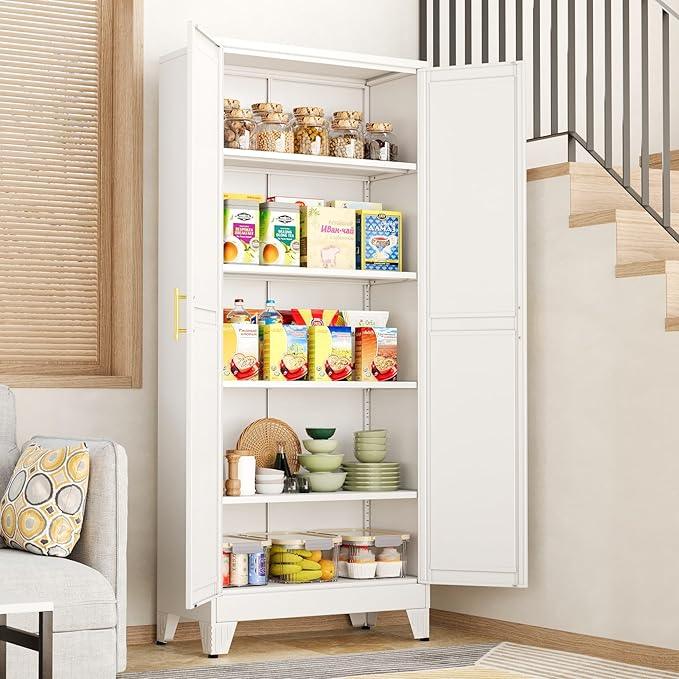 White Pantry Storage Cabinet,71" Kitchen Pantry with Doors and 4 Adjustable Shelves, Metal Storage Cabinet, for Office, Home, Garage, School - NeatNest