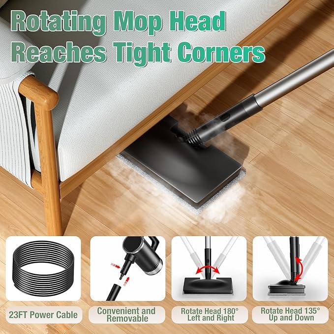 11-in-1 Steam Mop - Detachable Handheld Steam Cleaner with 380mL Tank, 260℉ Floor Steamer for Hardwood, Tile, Grout, Windows, Bath & Kitchen - 3-Level Steam Control, Multi-Purpose Floor Steam Cleaner - NeatNest