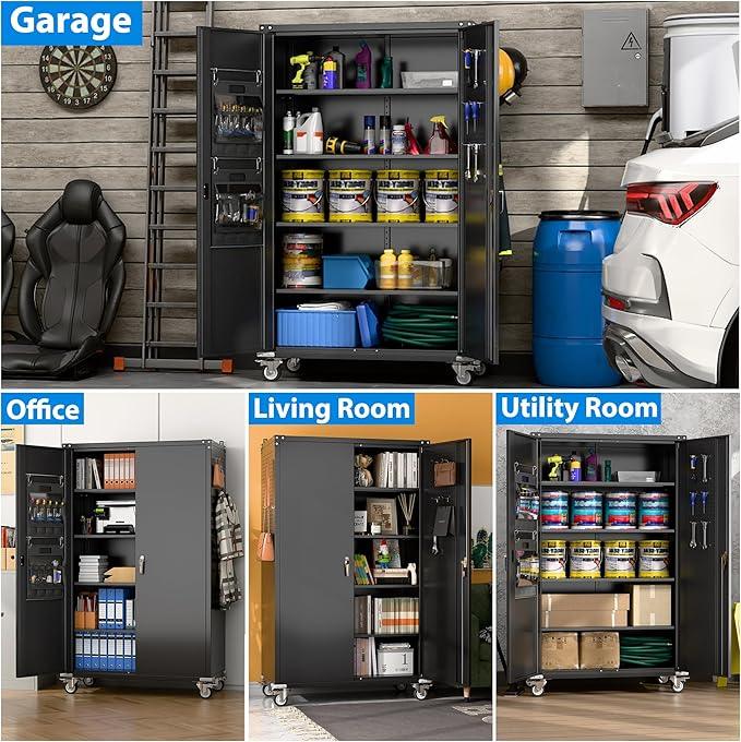 2025 Upgraded Wide & Deep Garage Storage Cabinet with Wheels, Lockable Metal Storage Cabinet with Pegboards and 9 Hooks, 2 Tool Pouches for Garage,4 Adjustable Shelves (Black,43''W x 22''D x 72''H) - NeatNest