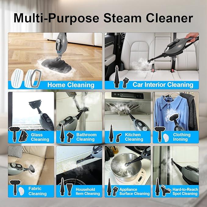 11-in-1 Steam Mop, 1550W Powerful Handheld Steam Cleaner, 260°F Multi-Functional Floor Steamer with 21.3FT Cord for Floors, Hardwood, Tiles, Grout, Windows, Kitchen, Bath, Adjustable (Grey) - NeatNest