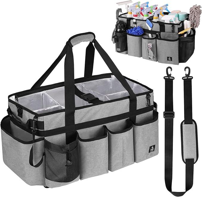 Extra large Cleaning Caddy Bag Built-in Sturdy Support Board, Cleaning Organizer with Detachable Divider, Cleaning Supply Tote with Adjustable Shoulder Strap (Grey, 19'' x 11'' x 11'') - NeatNest