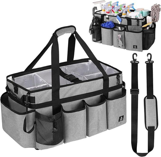 Extra large Cleaning Caddy Bag Built-in Sturdy Support Board, Cleaning Organizer with Detachable Divider, Cleaning Supply Tote with Adjustable Shoulder Strap (Grey, 19'' x 11'' x 11'') - NeatNest