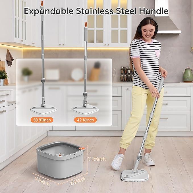KZKR Spin Mop and Bucket Set with Self Separation Dirty and Clean Water System, Self Wringing 360° Rotating Square Mop Head for Home Floors Cleaning (1.0 Mop and Bucket Set (4 Pads)) - NeatNest