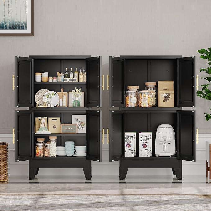 47“H Black Metal Bathroom Storage Cabinet, Kitchen Pantry Cabinet with Doors and 3 Adjustable Shelves, Bathroom cabinets Organizer, for Home Office, Bedroom - NeatNest