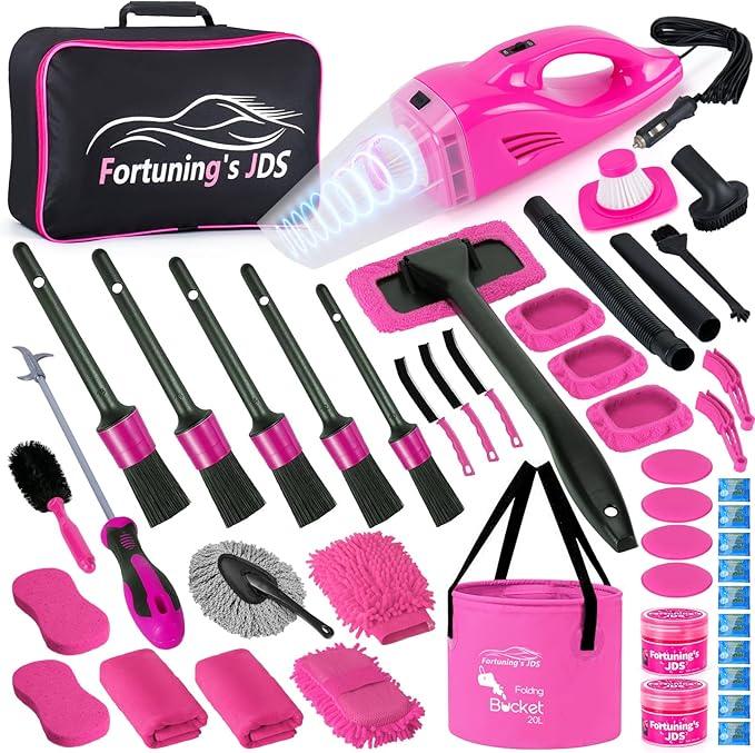 47PCS Car Detailing Kit Interior Cleaner, Car Cleaning Supplies with High Power Car Vacuum Cleaner,Auto Detailing Kit,Car Wash Kit with Bucket Detailing Brush Set,Pink Car Accessories for Women - NeatNest
