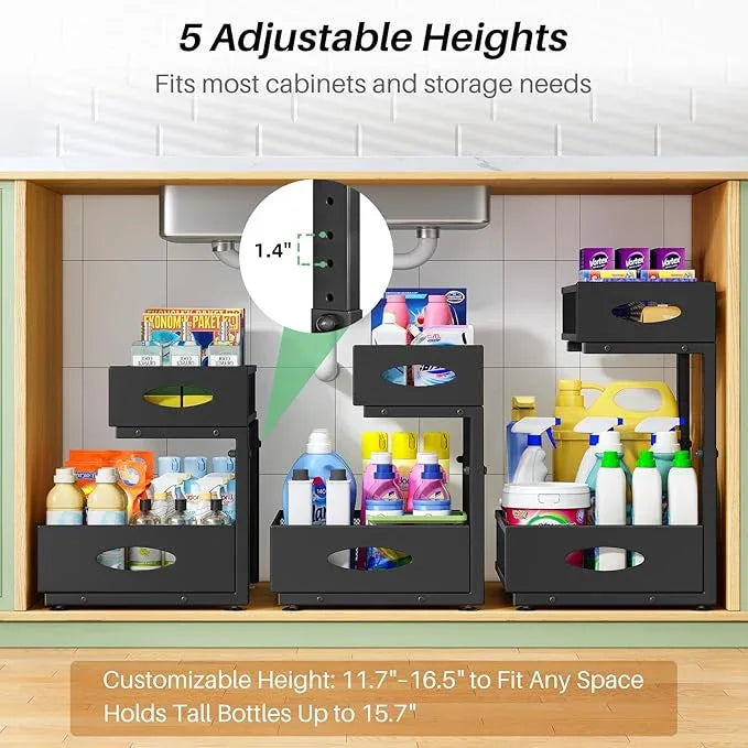 Under Sink Organizer, 1-Pack Pull Out Cabinet Organizer 2 Tier Metal Slide Out Storage Shelf Rack, L-Shaped Adjustable Height,Mesh Sliding Drawer for Kitchen, Bathroom, Laundry, Pantry, Black, XL - NeatNest