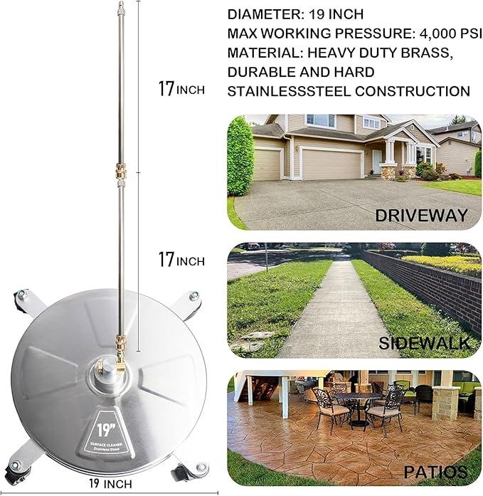 Hourleey 19" Pressure Washer Surface Cleaner, Stainless Steel Surface Cleaner with 4 Wheels for Concrete, Patio, Sidewalk, Deck, Pathway 1/4" Quick Connector, 2 Extension Wand, 4000 PSI - NeatNest