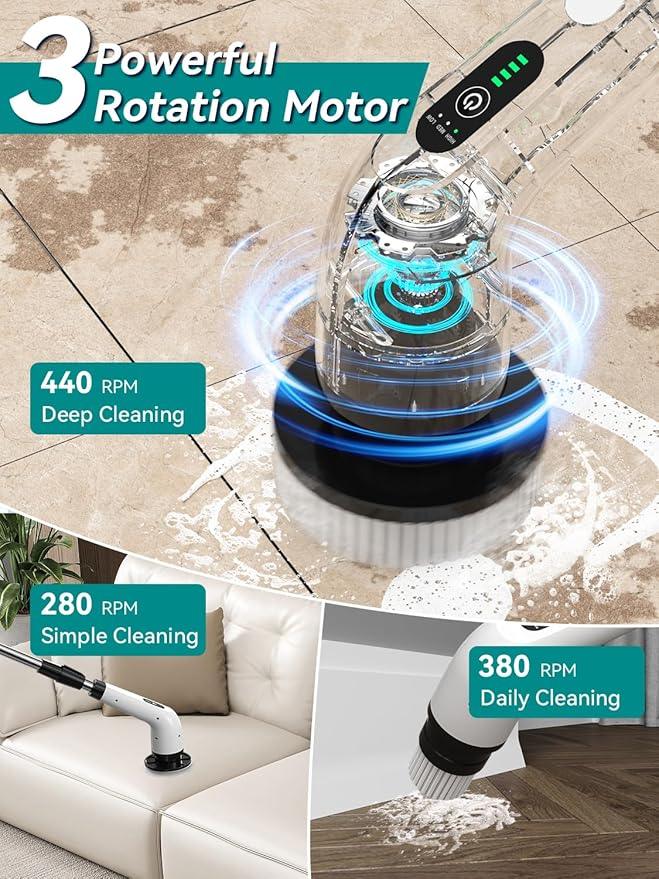 3-Speed Electric Spin Scrubber for Bathroom, 120Mins Runtime, Cordless Power Cleaning Brush with 8 Brush Heads, 3000mAh Shower Scrubber with Long Handle, Floor Scrubber, Grout Brush Bathtub Cleaning - NeatNest