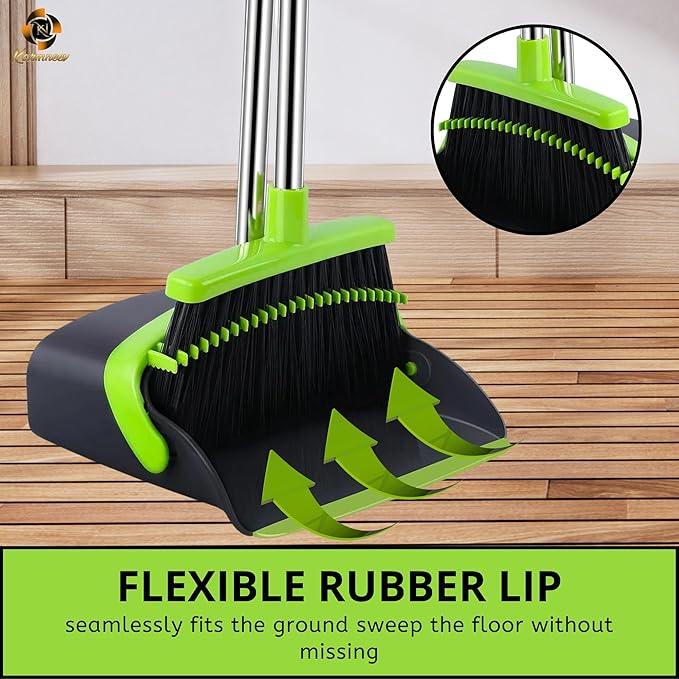 Standing Broom and Dustpan Set, Built-in Scraper Teeth, No-Slip Grip, Dust Collection Tray for Home, Office, Lobby, and Outdoor, Adjustable Handle from 38.18" to 52" (Black & Green) - NeatNest