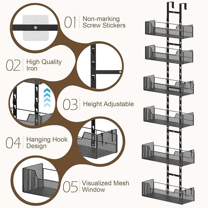 Over The Door Organizer, Metal Hanging Door Organizer with 6 Adjustable Baskets and 5 Hooks, Behind The Door Storage for Closet Cabinet Kitchen Bathroom Bedroom Pantry Organizer, Black - NeatNest
