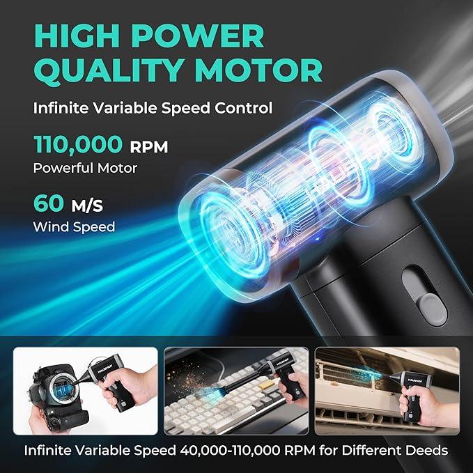 HAUSHOF 8V Mini Electric Air Duster-110,000RPM High Power Compressed Air blower, Rechargeable Brushless Motor Durable Cleaner, Variable Speed Dust Blower for Computer, PC Keyboard, Electronics, Car... - NeatNest