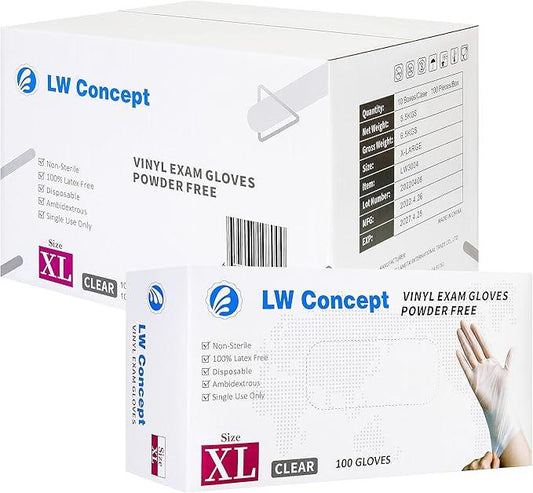 LW Concept Clear Vinyl Exam Gloves for Medical/Food Safe/Cleaning/Handling Use Multipurpose Latex & Powder Free, 3.5 mil (LW3004, X-Large, Case of 1000) - NeatNest