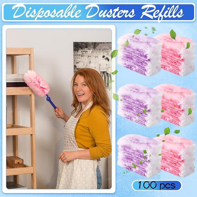 Vesici 100 Pcs Duster Refills Compatible with Swiffer Dusters Bulk Disposable Replacement Thickened with 1 Handle Heavy Duty for Cleaning, Office (Purple and Pink) - NeatNest