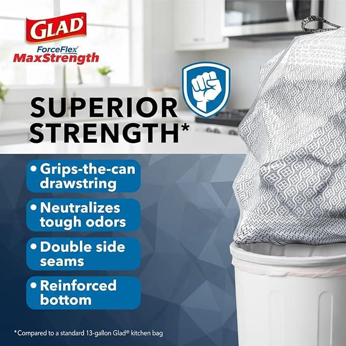 Glad ForceFlex MaxStrength Kitchen Drawstring Bags with Lemon Fresh Bleach Scent 13 Gal 90 Bags - NeatNest
