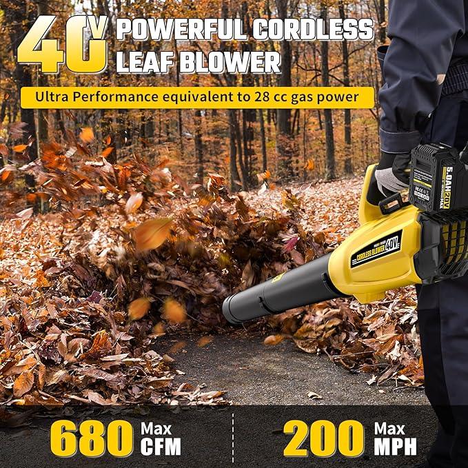 40V Leaf Blower Cordless with 2 X 5.0Ah Batteries and Charger, 40V Powerful Brushless Motor Up to 680CFM Blower for Lawn Care, 4-Variable Speed Turbo Mode with Power Boost - NeatNest